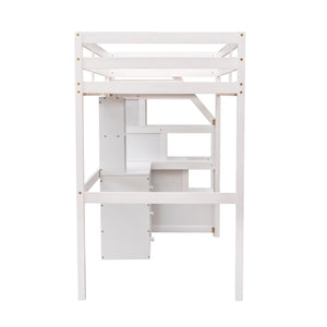 English Elm Twin Loft Bed with Built-In Desk, Storage Stairs, Shelves & Underbed Twin Pull-Out for Space-Saving White GX000417AAK