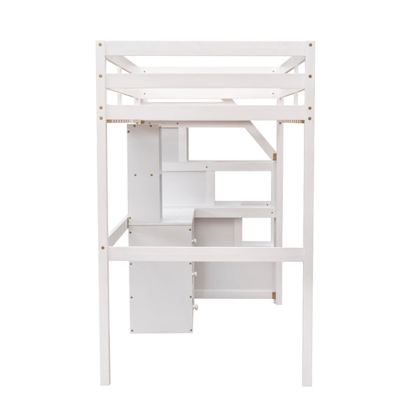 English Elm Twin Loft Bed with Built-In Desk, Storage Stairs, Shelves & Underbed Twin Pull-Out for Space-Saving White GX000417AAK