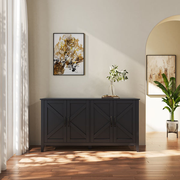English Elm Cabinet 4-Door Sideboard with 4 Open Shelves, 59" Freestanding Storage Buffet for Living Room W33164270