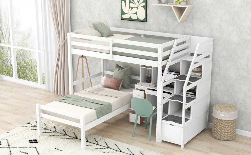 English Elm Twin Loft Bed with Built-In Desk, Storage Stairs, Shelves & Underbed Twin Pull-Out for Space-Saving White GX000417AAK