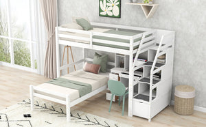 English Elm Twin Loft Bed with Built-In Desk, Storage Stairs, Shelves & Underbed Twin Pull-Out for Space-Saving White GX000417AAK