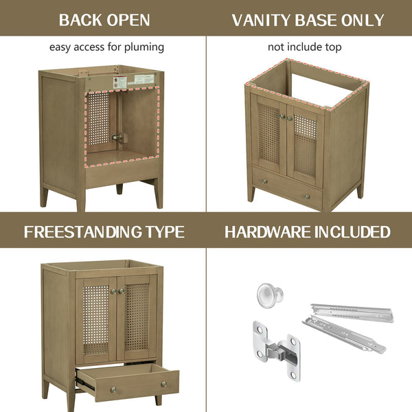 English Elm 24" Natural Rattan Bathroom Vanity Base with Drawer & Doors, Solid Acacia Frame, MDF, 150lb Capacity WF297609AAD