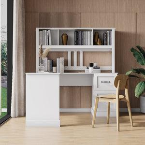 English Elm Home Office Computer Desk with Hutch, Antiqued Finish, Spacious Storage, Waterproof Scratchproof Surface White W331S00113