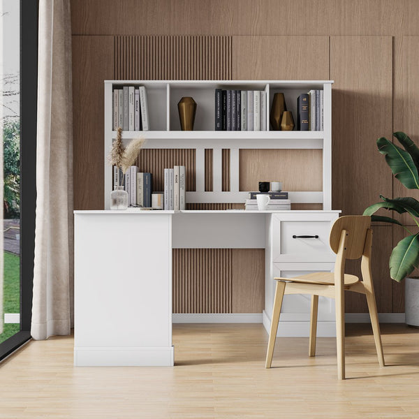 English Elm Home Office Computer Desk with Hutch, Antiqued Finish, Spacious Storage, Waterproof Scratchproof Surface White W331S00113