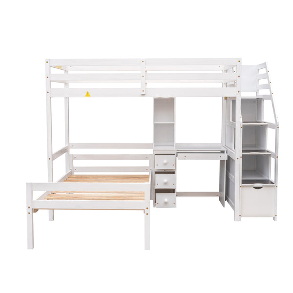 English Elm Twin Loft Bed with Built-In Desk, Storage Stairs, Shelves & Underbed Twin Pull-Out for Space-Saving White GX000417AAK