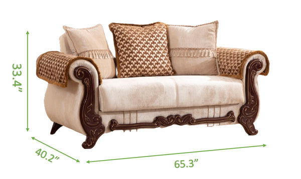 English Elm Traditional Carmen Loveseat Chenille Upholstery in Beige with Hidden Storage, Pull-Out Bed, Carved Wood Frame, Plush Cushions B009S00973