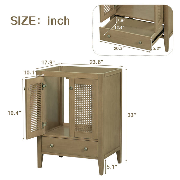 English Elm 24" Natural Rattan Bathroom Vanity Base with Drawer & Doors, Solid Acacia Frame, MDF, 150lb Capacity WF297609AAD