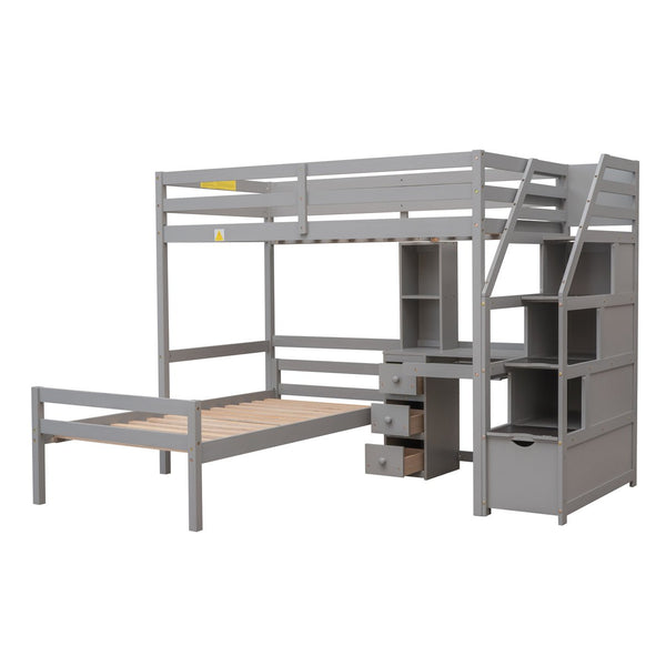 English Elm Twin Loft Bed with Built-In Desk, Storage Stairs, Shelves & Underbed Twin Pull-Out for Space-Saving Gray GX000417AAE
