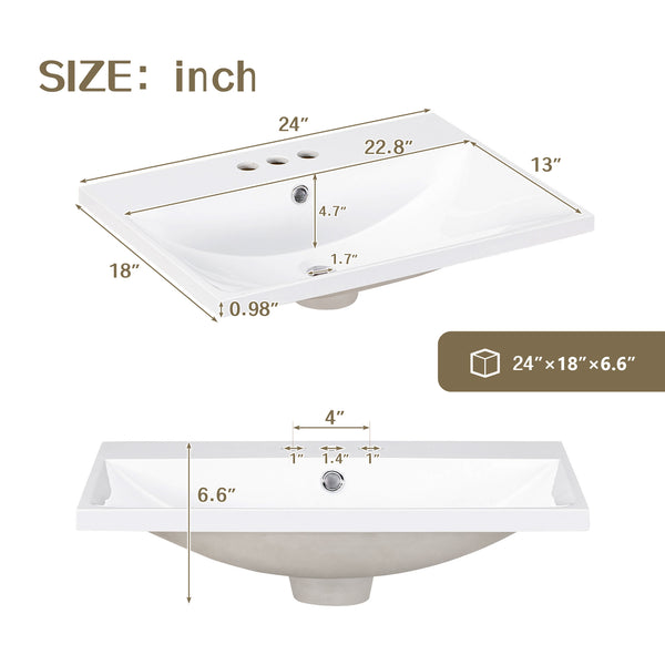 English Elm 24" Ceramic Vanity Top - White Rectangular Undermount Sink, Center Bowl, 4" Faucet, Modern Edge WF287736AAK