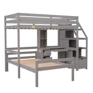 English Elm Twin Loft Bed with Built-In Desk, Storage Stairs, Shelves & Underbed Twin Pull-Out for Space-Saving Gray GX000417AAE