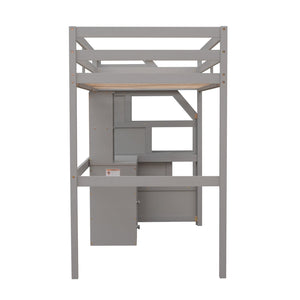 English Elm Twin Loft Bed with Built-In Desk, Storage Stairs, Shelves & Underbed Twin Pull-Out for Space-Saving Gray GX000417AAE