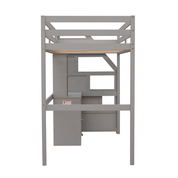 English Elm Twin Loft Bed with Built-In Desk, Storage Stairs, Shelves & Underbed Twin Pull-Out for Space-Saving Gray GX000417AAE