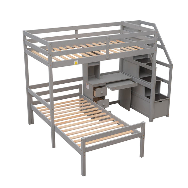 English Elm Twin Loft Bed with Built-In Desk, Storage Stairs, Shelves & Underbed Twin Pull-Out for Space-Saving Gray GX000417AAE