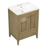 English Elm 24" Bathroom Vanity With Ceramic Basin, Rattan Bathroom Storage Cabinet With Two Doors and Drawer, Solid Frame, Natural (Old Sku: Jl000008Aad)