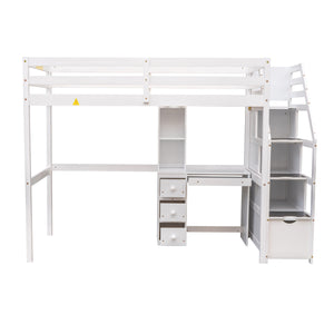 English Elm Twin Loft Bed with Built-In Desk, Storage Stairs, Shelves & Underbed Twin Pull-Out for Space-Saving White GX000417AAK