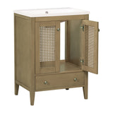 English Elm 24" Bathroom Vanity With Ceramic Basin, Rattan Bathroom Storage Cabinet With Two Doors and Drawer, Solid Frame, Natural (Old Sku: Jl000008Aad)