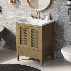 English Elm 24" Natural Bathroom Vanity with Ceramic Basin, Rattan Doors, Tapered Legs, Ample Storage & Anti-Tip Hardware JL000008AAD-1
