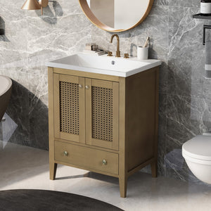 English Elm 24" Bathroom Vanity With Ceramic Basin, Rattan Bathroom Storage Cabinet With Two Doors and Drawer, Solid Frame, Natural (Old Sku: Jl000008Aad)