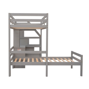 English Elm Twin Loft Bed with Built-In Desk, Storage Stairs, Shelves & Underbed Twin Pull-Out for Space-Saving Gray GX000417AAE
