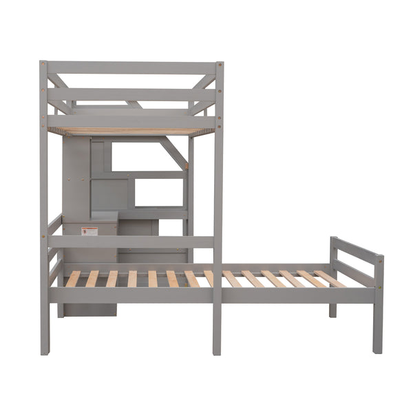 English Elm Twin Loft Bed with Built-In Desk, Storage Stairs, Shelves & Underbed Twin Pull-Out for Space-Saving Gray GX000417AAE