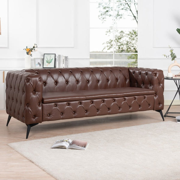 English Elm 84.06inch Traditional Pu Leather Sofa with Tufted Back and Sled Iron Legs for Living Room W68041370