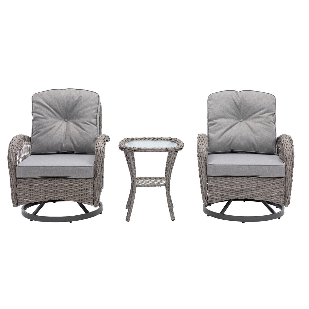 English Elm 3 Pieces Outdoor Swivel Rocker Patio Chairs Set with 360° Recline, Thick Cushions & Tempered Table Grey W640142357