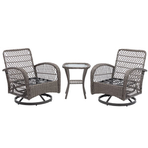 English Elm 3 Pieces Outdoor Swivel Rocker Patio Chairs Set with 360° Recline, Thick Cushions & Tempered Table Grey W640142357