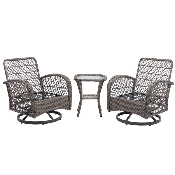 English Elm 3 Pieces Outdoor Swivel Rocker Patio Chairs Set with 360° Recline, Thick Cushions & Tempered Table Grey W640142357