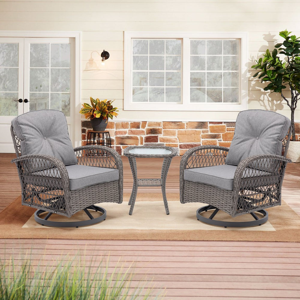 English Elm 3 Pieces Outdoor Swivel Rocker Patio Chairs Set with 360° Recline, Thick Cushions & Tempered Table Grey W640142357