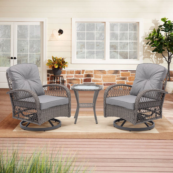 English Elm 3 Pieces Outdoor Swivel Rocker Patio Chairs Set with 360° Recline, Thick Cushions & Tempered Table Grey W640142357