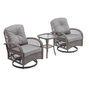 English Elm 3 Pieces Outdoor Swivel Rocker Patio Chairs Set with 360° Recline, Thick Cushions & Tempered Table Grey W640142357