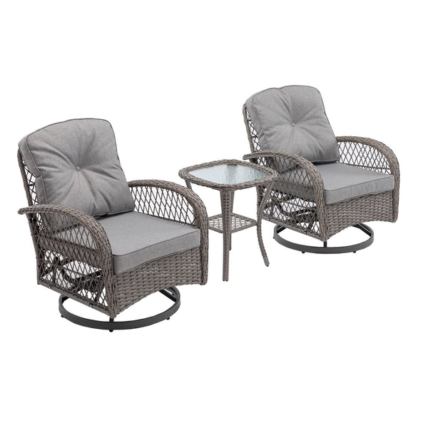 English Elm 3 Pieces Outdoor Swivel Rocker Patio Chairs Set with 360° Recline, Thick Cushions & Tempered Table Grey W640142357