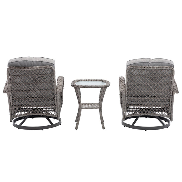 English Elm 3 Pieces Outdoor Swivel Rocker Patio Chairs Set with 360° Recline, Thick Cushions & Tempered Table Grey W640142357