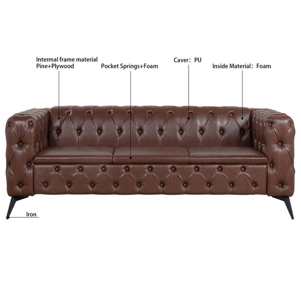 English Elm 84.06inch Traditional Pu Leather Sofa with Tufted Back and Sled Iron Legs for Living Room W68041370