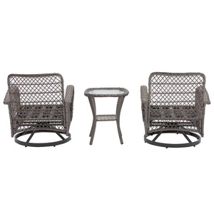English Elm 3 Pieces Outdoor Swivel Rocker Patio Chairs Set with 360° Recline, Thick Cushions & Tempered Table Grey W640142357