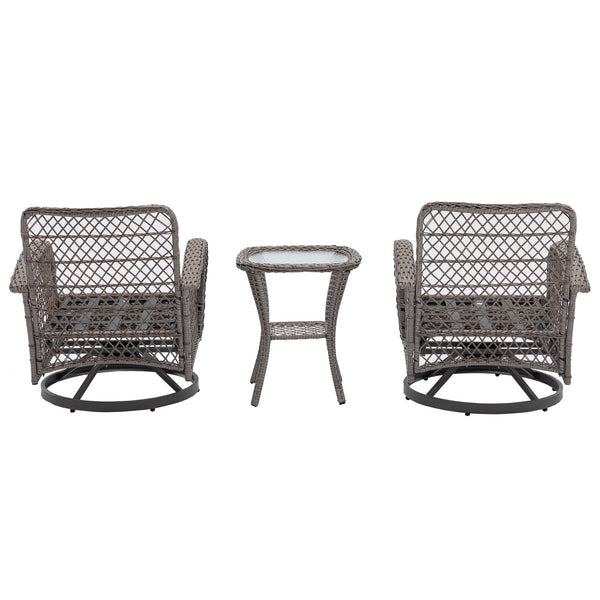 English Elm 3 Pieces Outdoor Swivel Rocker Patio Chairs Set with 360° Recline, Thick Cushions & Tempered Table Grey W640142357