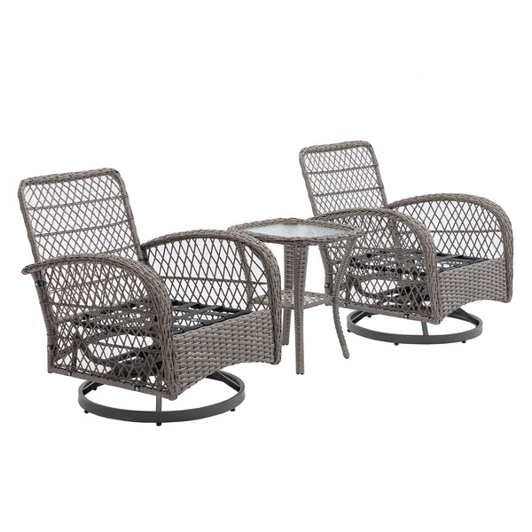 English Elm 3 Pieces Outdoor Swivel Rocker Patio Chairs Set with 360° Recline, Thick Cushions & Tempered Table Grey W640142357