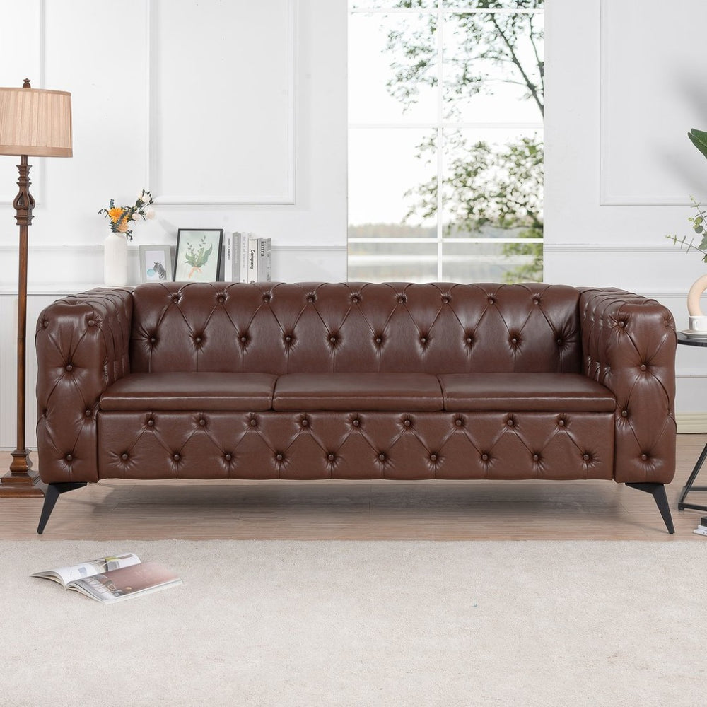 English Elm 84.06inch Traditional Pu Leather Sofa with Tufted Back and Sled Iron Legs for Living Room W68041370