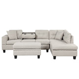 English Elm 105" Modern Sectional Sofa With Storage Ottoman, L-Shape Couch With 2 Pillows and Cup Holder,Sectional Sofa With Reversible Chaise For Living Room,Light Gray