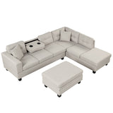 English Elm 105" Modern Sectional Sofa With Storage Ottoman, L-Shape Couch With 2 Pillows and Cup Holder,Sectional Sofa With Reversible Chaise For Living Room,Light Gray