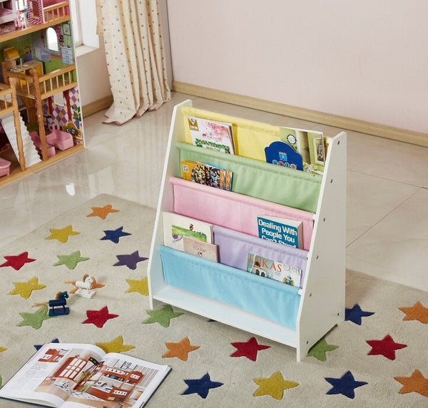 English Elm Kids Sling Bookcase White Mdf Frame with Colorful Canvas Pockets for Playroom Storage B05367929