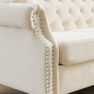 English Elm [video] Chesterfield Velvet Tufted Sofa Nailhead Trim Rolled Arms Classic Club Style Living Room Beige W834S00653