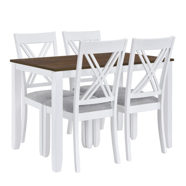 English Elm Topmax Rustic White Rubberwood Dining Set Four X-back Linen Chairs Compact Kitchen SH000253AAK