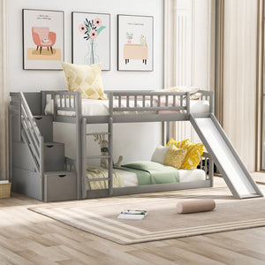 English Elm Stairway Twin Over Kids Bunk Bed with Storage Stairs Slide and White Finish LT100155AAE