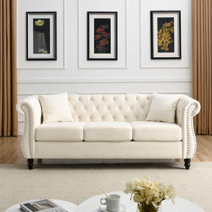 English Elm [video] Chesterfield Sofa Tufted Velvet with Nailhead Trim Rolled Arms Three Seat Living Room W834S00574