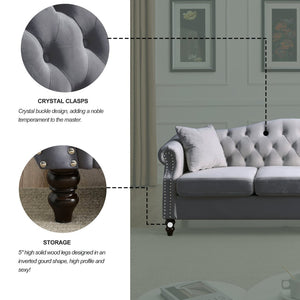 English Elm Elegant 79" Chesterfield Sofa In Soft Grey Velvet - 3 Seater Tufted Couch With Pillows W834S00117-GIGA