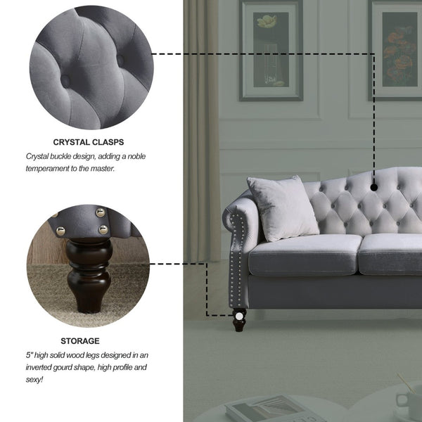 English Elm Elegant 79" Chesterfield Sofa In Soft Grey Velvet - 3 Seater Tufted Couch With Pillows W834S00117-GIGA