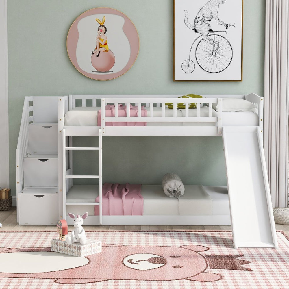 English Elm Stairway Twin Over Kids Bunk Bed with Storage Stairs Slide and White Finish LT100155AAK
