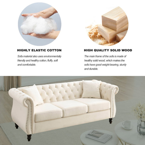 English Elm [video] Chesterfield Sofa Tufted Velvet with Nailhead Trim Rolled Arms Three Seat Living Room W834S00574