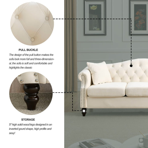 English Elm Elegant 79" Chesterfield Sofa In Beige Velvet - 3-Seater Couch With Tufted Design & Pillows W834S00118-GIGA